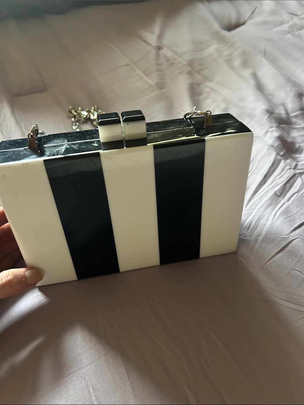 White House Black Market Black & White Striped Box Clutch w/Chain Shoulder Strap
